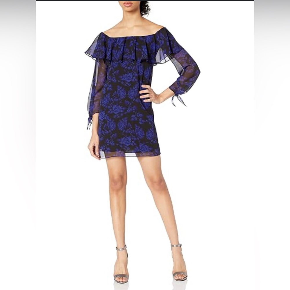 Sam Edelman Off-the-Shoulder Blue Rose Print Mini Dress New Size 12